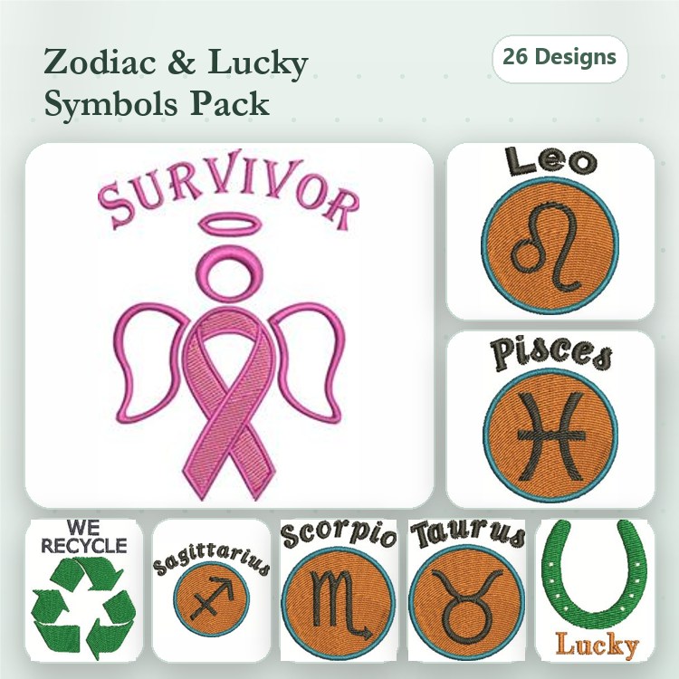 Zodiac & Lucky Symbols Embroidery Designs Bundle – Survivor Ribbon, Leo, Pisces, Sagittarius & More (26 Designs)