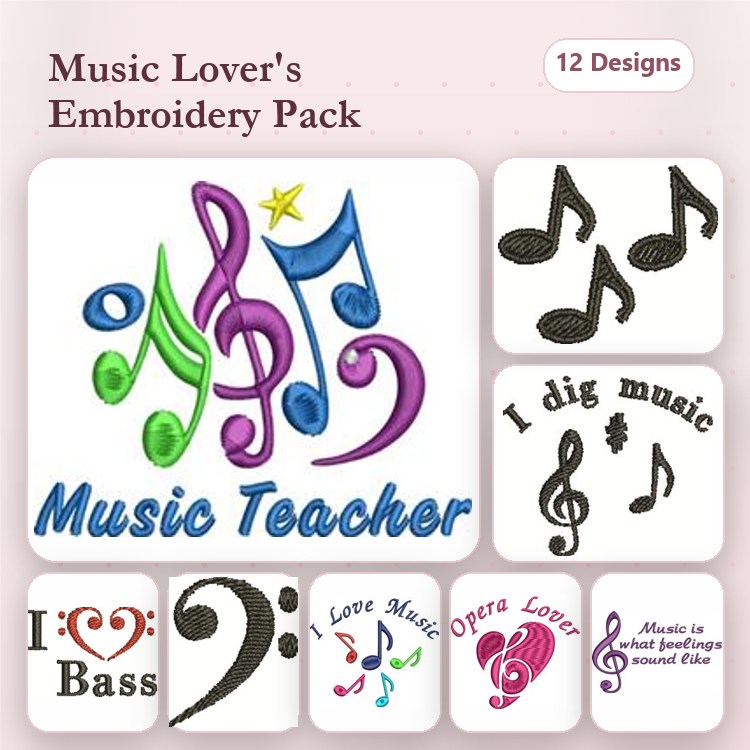Music-Themed Embroidery Designs Bundle – Music Teacher, I Love Bass, Opera Lover & More (12 Designs)
