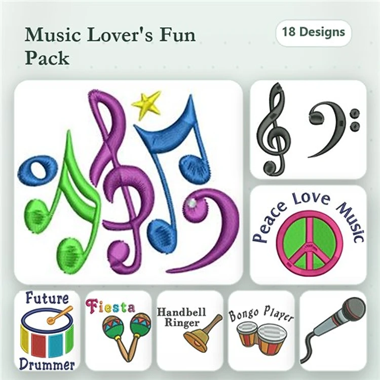 Music-Themed Embroidery Designs Bundle – Musical Note, Treble Clef, Bongo Player & More (18 Designs)