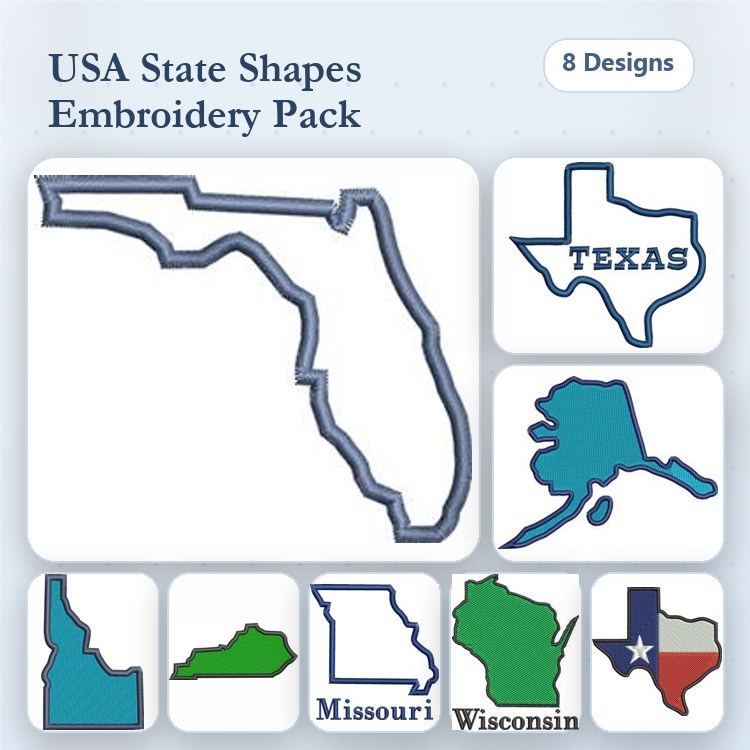 USA State Shapes Embroidery Designs Bundle – Florida, Texas, Idaho, Kentucky & More (8 Designs)