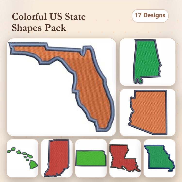Colorful US State Shapes Embroidery Designs Bundle – Florida, Alabama, Arizona & More (17 Designs)