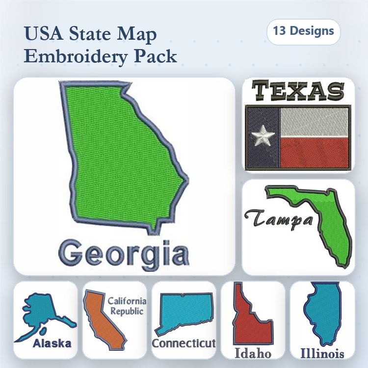 USA State Map Embroidery Bundle – Georgia, Texas, Florida, Alaska & More (13 Designs)