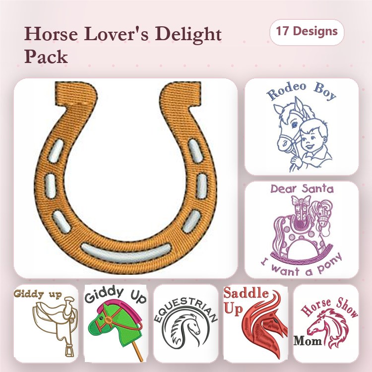 Horse-Themed Embroidery Bundle – Horseshoe, Rodeo Boy, Giddy Up Horse & More (17 Designs)