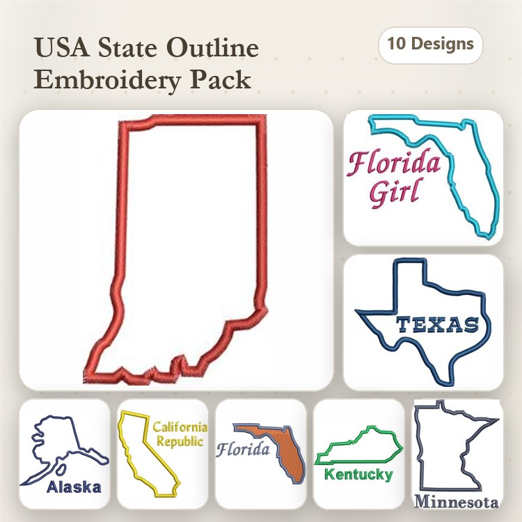USA State Outlines Embroidery Designs Bundle – Indiana, Texas, Florida & More (10 Designs)