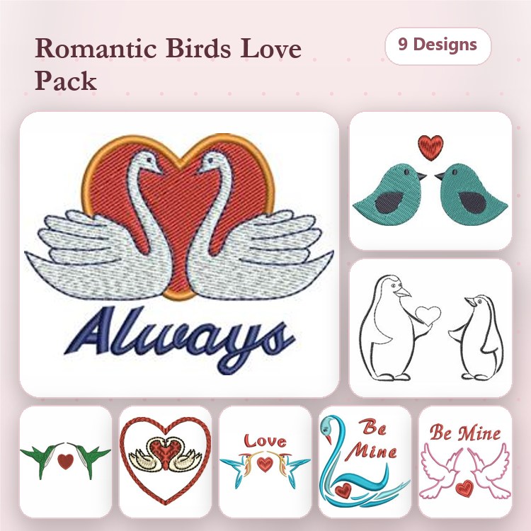 Romantic Birds Embroidery Designs Bundle – Swan Couple, Blue Birds, Penguin Couple & More (9 Designs)