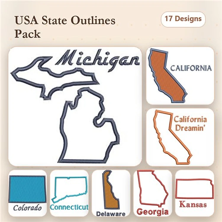 USA State Outlines Embroidery Designs Bundle – Michigan, California, Colorado, Connecticut & More (17 Designs)