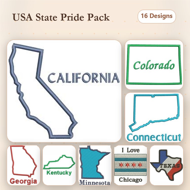 USA State Pride Embroidery Designs Bundle – California, Texas, Georgia, Kentucky & More (16 Designs)