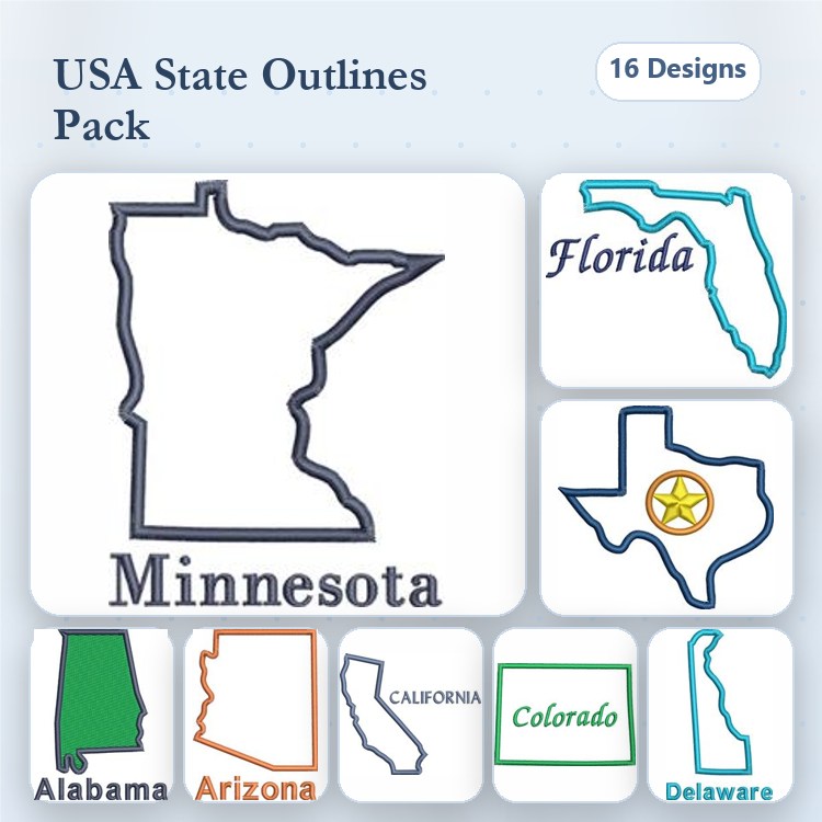 USA State Outlines Embroidery Designs Bundle – Minnesota, Florida, Texas & More (16 Designs)