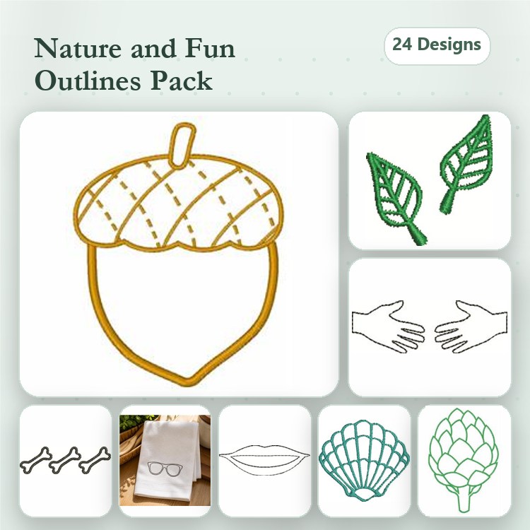 Redwork Nature-Themed Embroidery Designs Bundle – Acorn, Leaf, Hands & More (24 Designs)