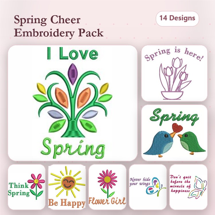 Spring-Themed Embroidery Designs Bundle – I Love Spring, Spring Flowers, Be Happy & More (14 Designs)