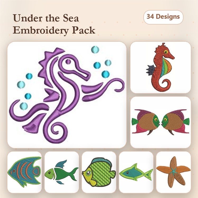 Under the Sea Embroidery Designs Bundle – Seahorse, Fish Pair, Starfish & More (34 Designs)
