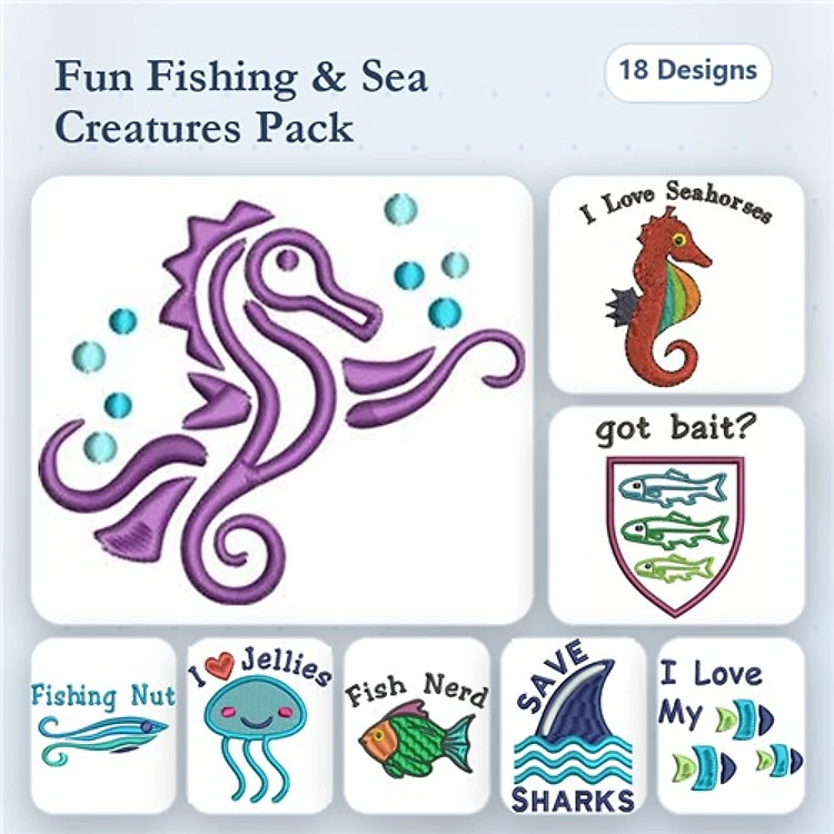 Fishing and Sea Creatures Embroidery Designs Bundle – Seahorse, Jellyfish, SAVE SHARKS & More (18 Designs)