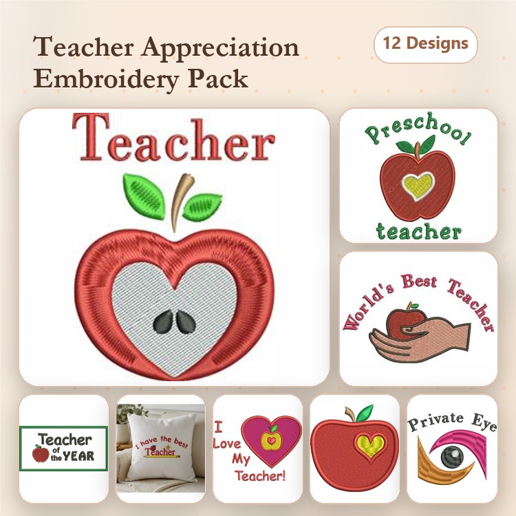 Teacher Appreciation Embroidery Designs Bundle – Apple Design, World's Best Teacher, I Love My Teacher & More (12 Designs)