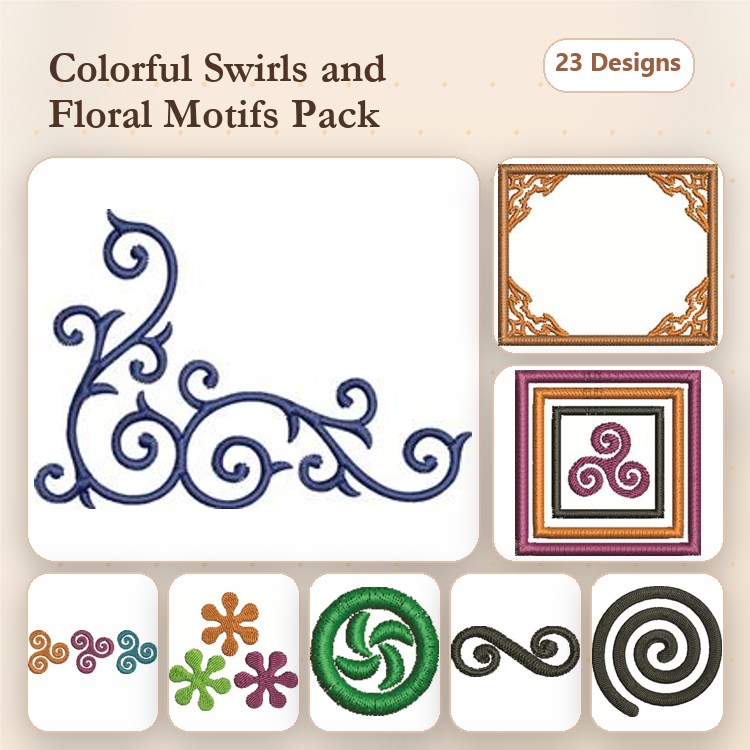 Colorful Swirls & Floral Motifs Embroidery Designs Bundle – Swirl Motif 1, Floral Swirl, Colorful Floral Shape 1 & More (23 Designs)