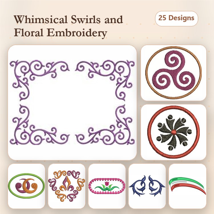 Floral and Swirl Patterns Embroidery Designs Bundle – Whimsical Swirl Frame, Floral Swirl, Celtic Swirl & More (25 Designs)