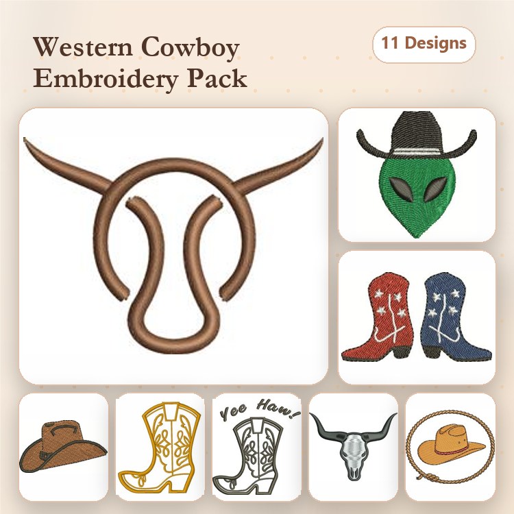 Western Cowboy Embroidery Designs Bundle – Cowboy Hat, Longhorn Skull, Alien Cowboy & More (11 Designs)