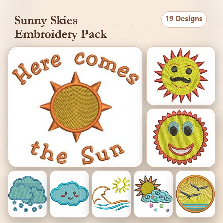 Sunny Weather Embroidery Designs Bundle – Sun with Face, Smiling Sun, Cloud with Raindrops & More (19 Designs)