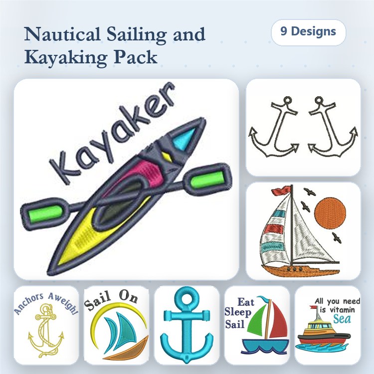 Nautical Sailing & Kayaking Embroidery Designs Bundle – Kayaker, Sailboat, Anchor & More (9 Designs)