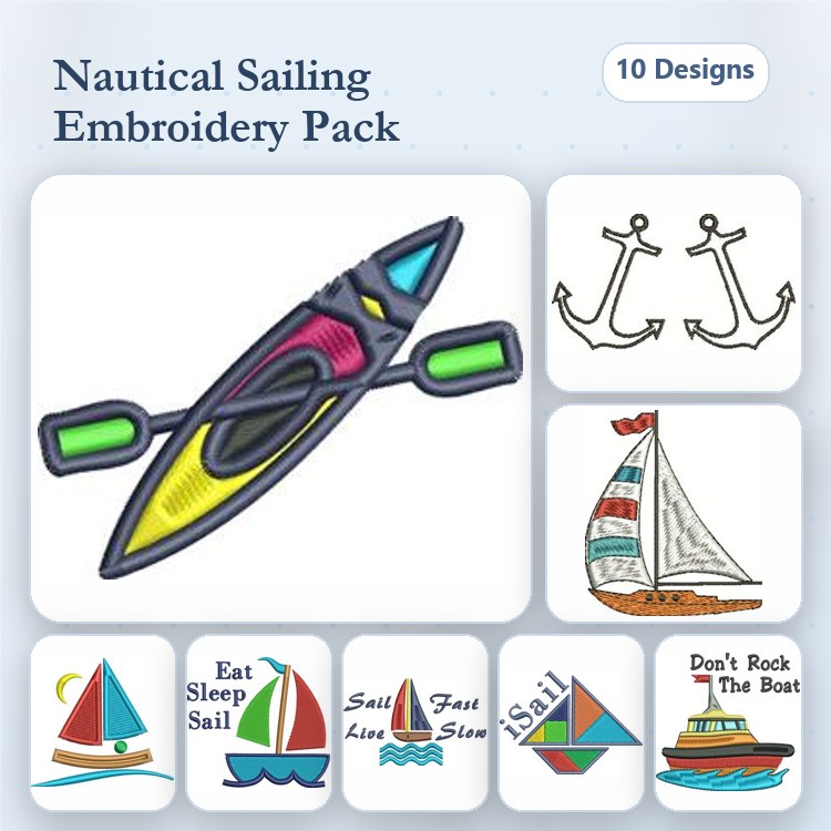 Nautical Theme Embroidery Bundle – Kayak, Sailboat with Red Flag, Two Anchors & More (10 Designs)