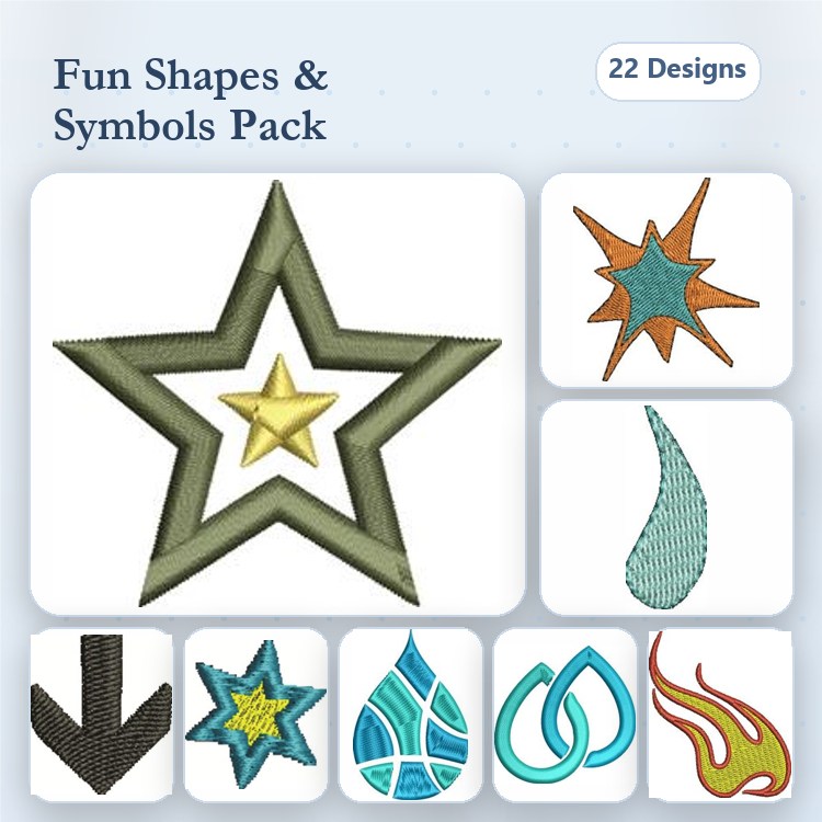 Standard Shapes Embroidery Designs Bundle – Star, Teardrop, Arrow & More (22 Designs)