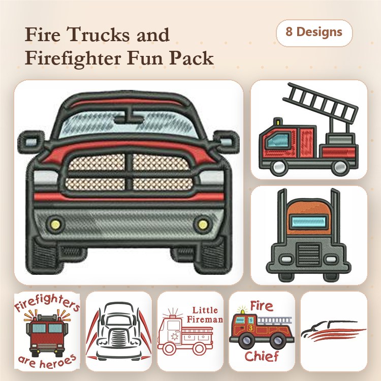 Fire Trucks & Firefighters Embroidery Designs Bundle – Fire Truck, Fire Chief, Firefighter Helmet & More (8 Designs)