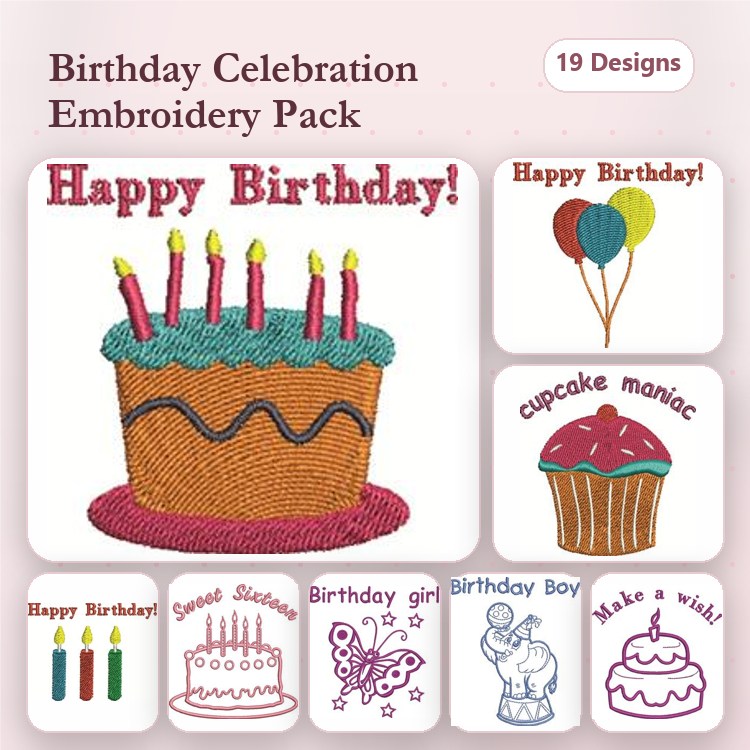Birthday Celebration Embroidery Designs Bundle – Happy Birthday Cake, Balloons, Cupcake Maniac & More (19 Designs)