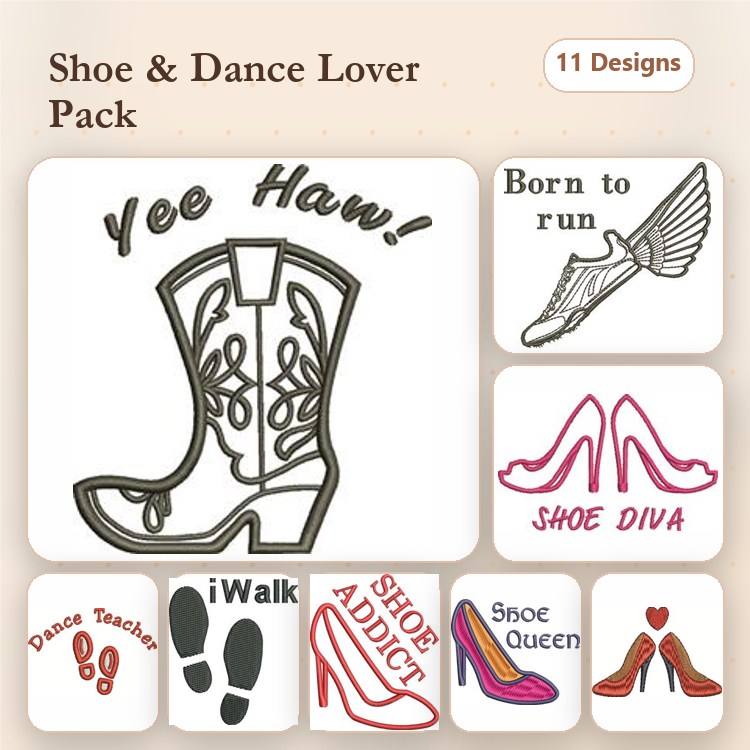 Shoe & Dance Embroidery Designs Bundle – Western Boot, Born to Run Shoe, Shoe Diva & More (11 Designs)