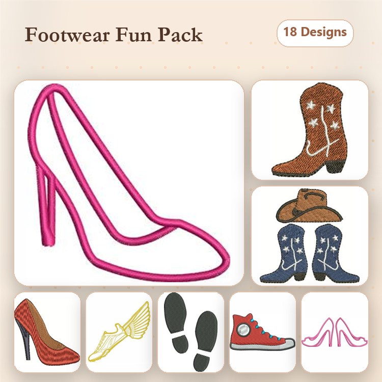 Footwear Embroidery Designs Bundle – High Heel Shoe, Cowboy Boot, Sneaker & More (18 Designs)