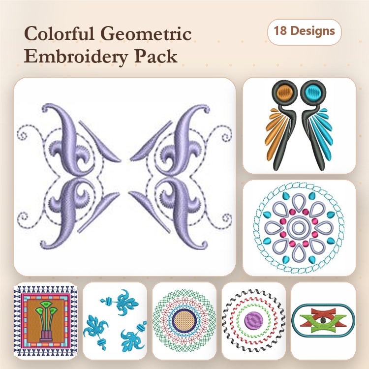 Geometric Patterns Embroidery Designs Bundle – Purple Swirls, Colorful Flora, Spirals & More (18 Designs)