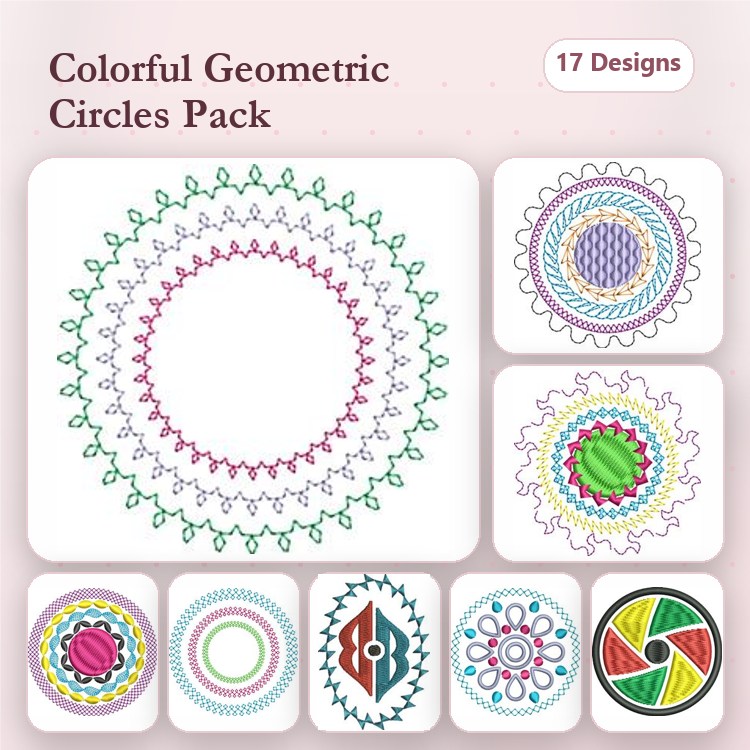 Colorful Geometric Circles Embroidery Designs Bundle – Vibrant Zigzag Borders, Floral Patterns, & More (17 Designs)