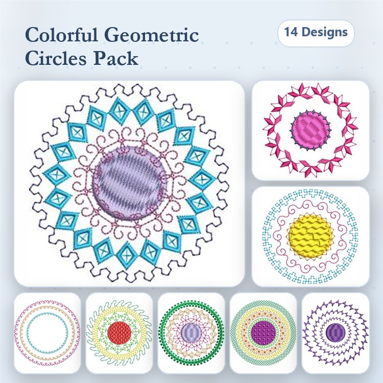 Colorful Geometric Circles Embroidery Designs Bundle – Blue Petals, Purple Center, Pink Flowers & More (14 Designs)