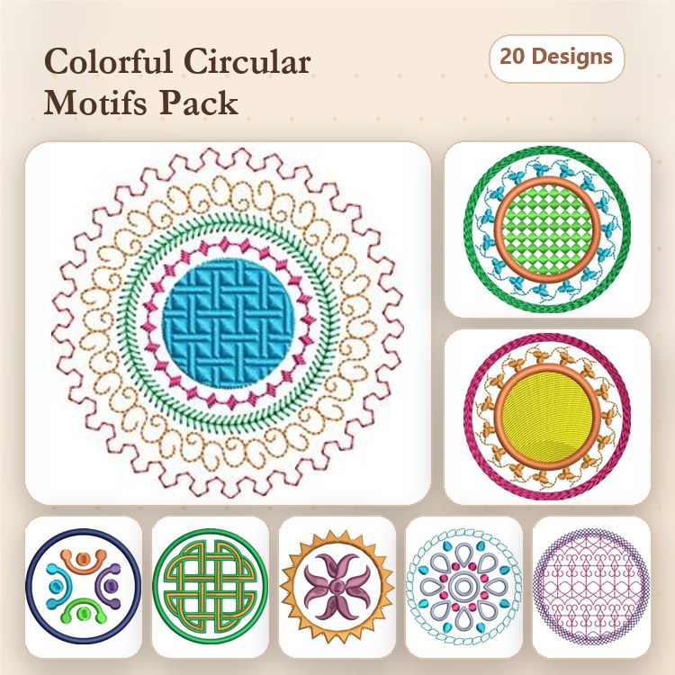 Colorful Circular Motifs Embroidery Bundle – Blue Center, Floral Circular, Decorative Circular & More (20 Designs)