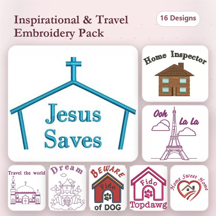 Inspirational Travel Embroidery Designs Bundle – Jesus Saves, Eiffel Tower, Home Inspector & More (16 Designs)