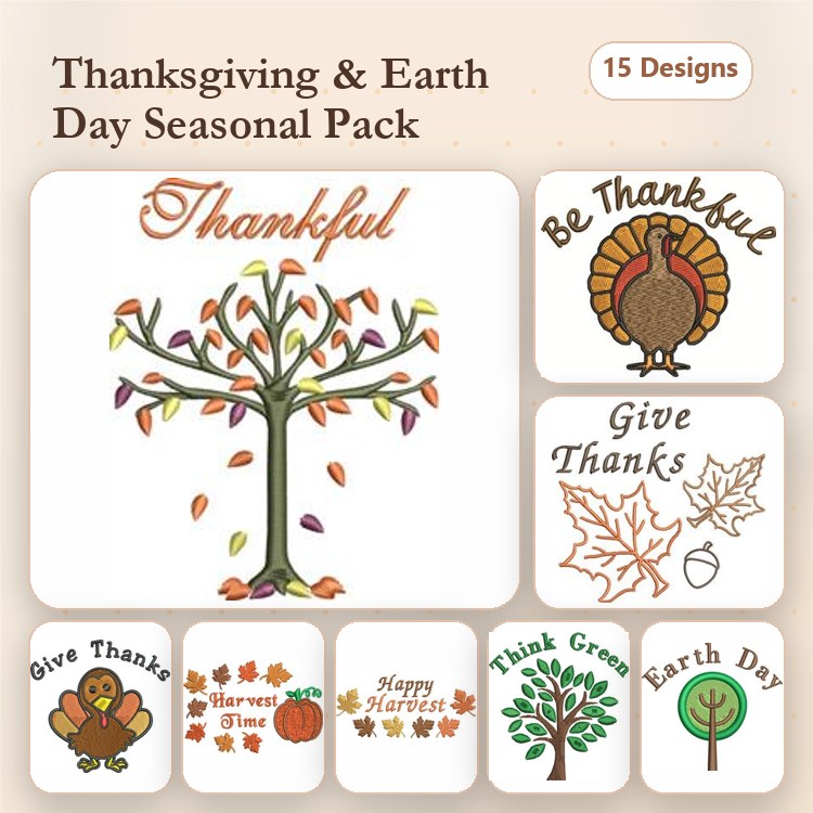Thanksgiving & Earth Day Embroidery Bundle – Thankful Tree, Turkey with Be Thankful, Harvest Time Pumpkin & More (15 Designs)
