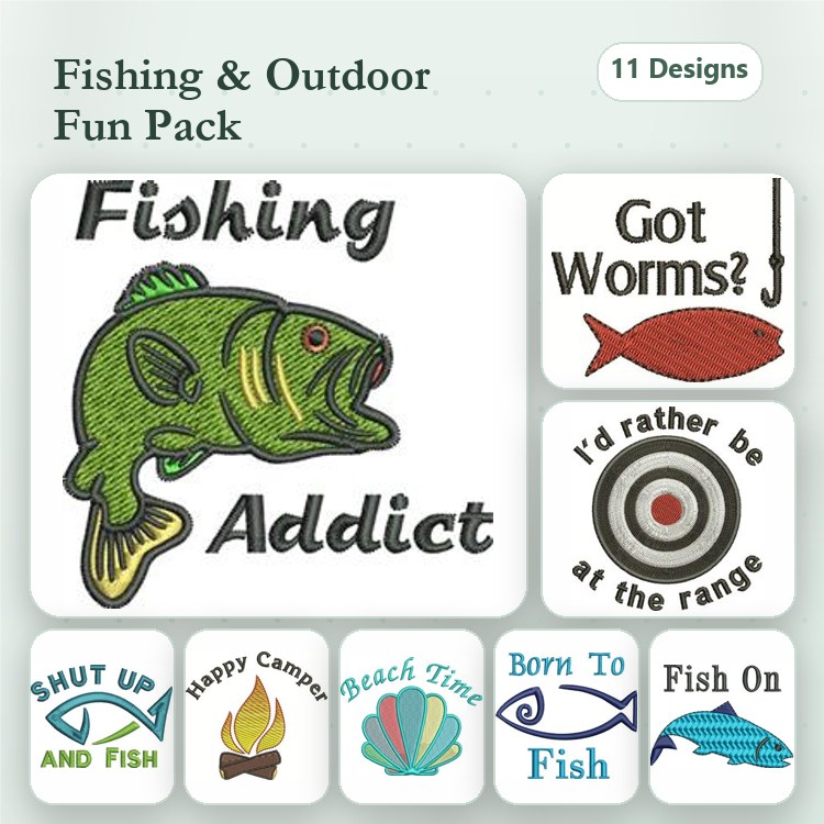 Fishing & Outdoor Embroidery Designs Bundle – Fishing Addict, Got Worms?, Happy Camper & More (11 Designs)
