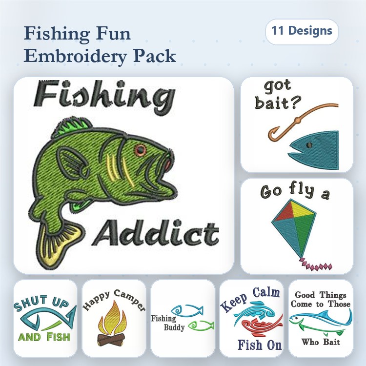 Fishing Themed Embroidery Designs Bundle – Fishing Addict, Got Bait?, Happy Camper & More (11 Designs)