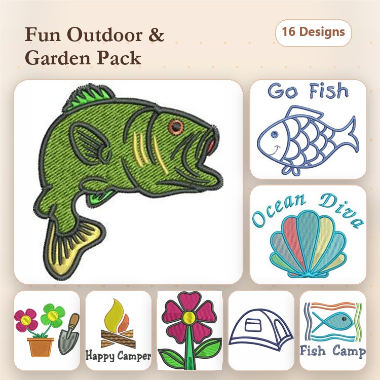Outdoor & Garden Embroidery Designs Bundle – Bass Fish, Go Fish, Campfire & More (16 Designs)