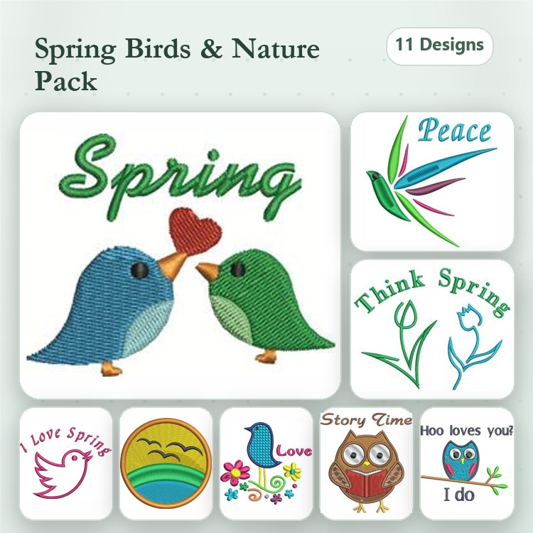 Spring Birds & Nature Embroidery Designs Bundle – Love Spring, Think Spring, Blue Bird & More (11 Designs)