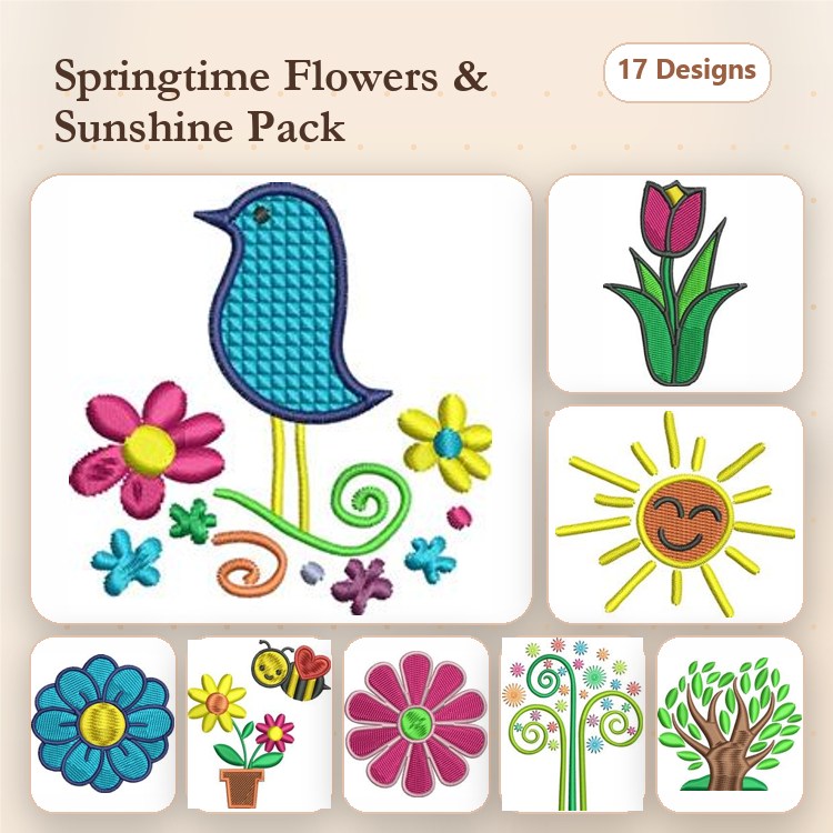 Springtime Flowers and Sunshine Embroidery Designs Bundle – Blue Bird, Pink Flower Bouquet, Sunshine & More (17 Designs)