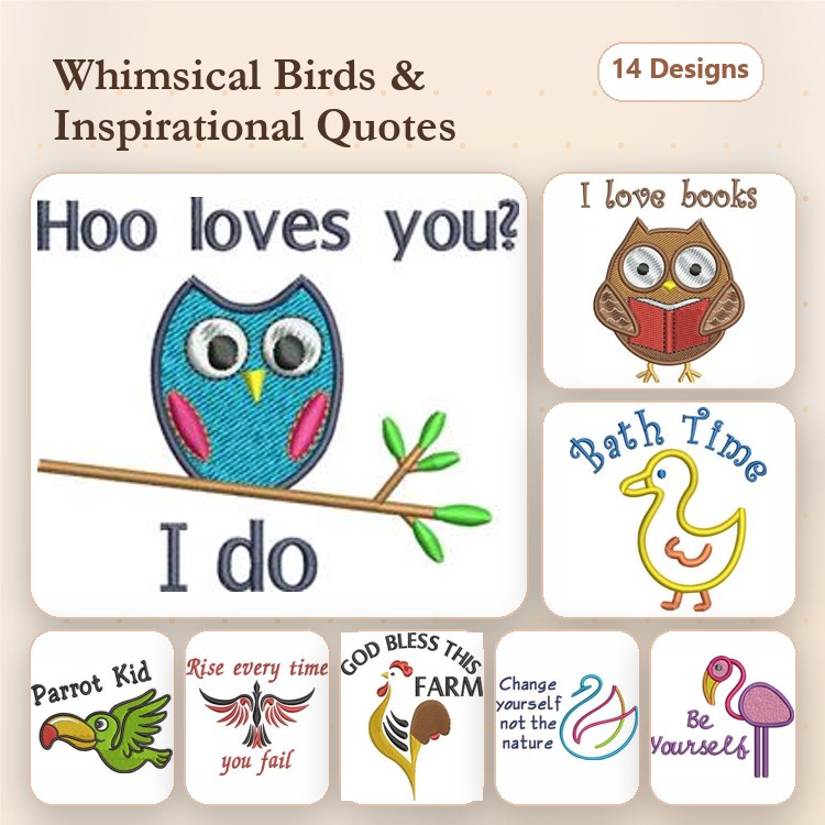 Whimsical Birds & Inspirational Quotes Embroidery Designs Bundle – Owl with Quote, Duck Bath Time, Parrot Kid & More (14 Designs)