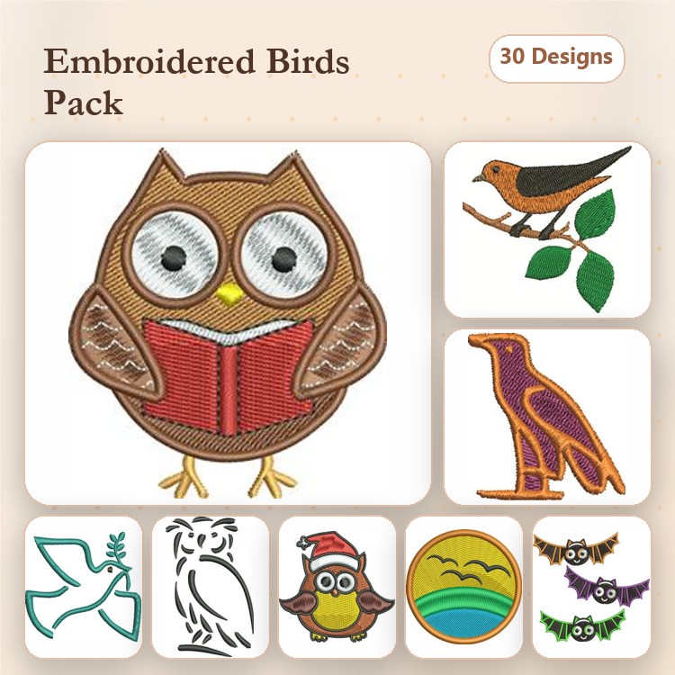 Bird Embroidery Designs Bundle – Owl with Book, Singing Bird, Flying Bird & More (30 Designs)