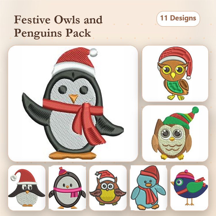 Festive Owls & Penguins Embroidery Designs Bundle – Penguin with Scarf, Owl with Santa Hat & More (11 Designs)