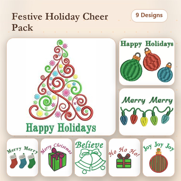 Festive Holiday Themes Embroidery Designs Bundle – Happy Holidays Tree, Merry Christmas, Gift Box & More (9 Designs)