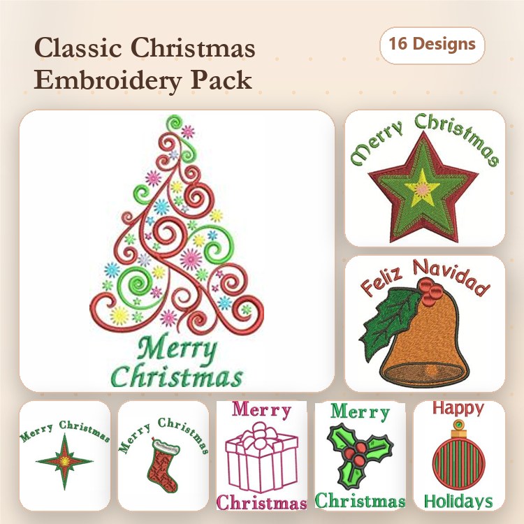 Christmas Embroidery Designs Bundle – Christmas Tree with Swirls, Merry Christmas Text, Star Ornament & More (16 Designs)