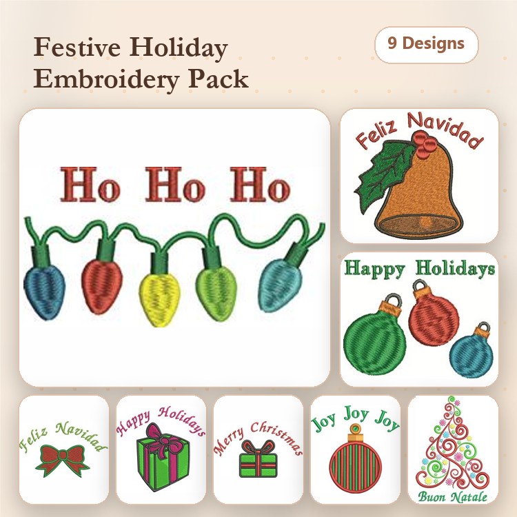 Festive Holiday Embroidery Designs Bundle – Ho Ho Ho, Feliz Navidad, Christmas Bell & More (9 Designs)