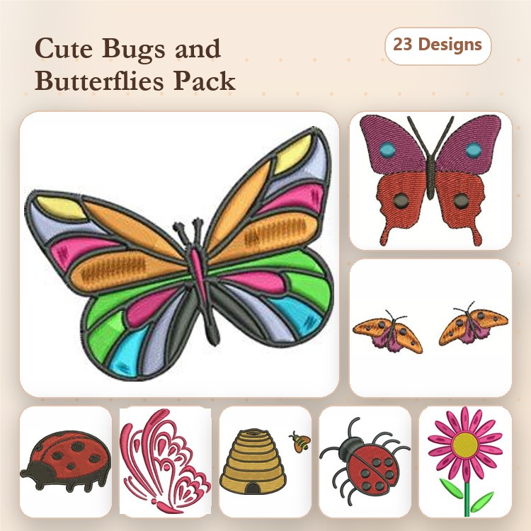 Bugs and Butterflies Embroidery Designs Bundle – Rainbow Butterfly, Red Butterfly, Ladybug & More (23 Designs)