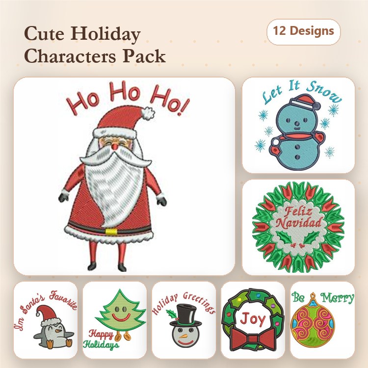 Holiday Characters Embroidery Designs Bundle – Santa Claus, Snowman, Penguin & More (12 Designs)
