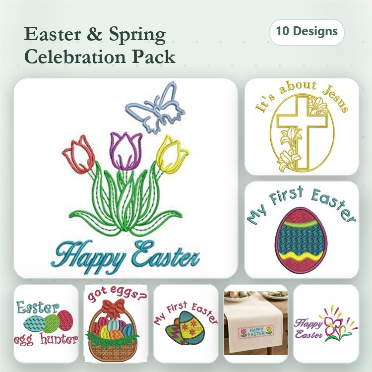 Easter and Spring Celebrations Embroidery Designs Bundle – Happy Easter with Tulips, My First Easter, Easter Basket & More (10 Designs)
