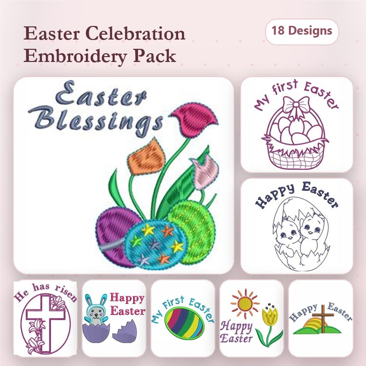 Easter Celebration Embroidery Designs Bundle – Easter Blessings, Decorative Eggs, Happy Easter & More (18 Designs)