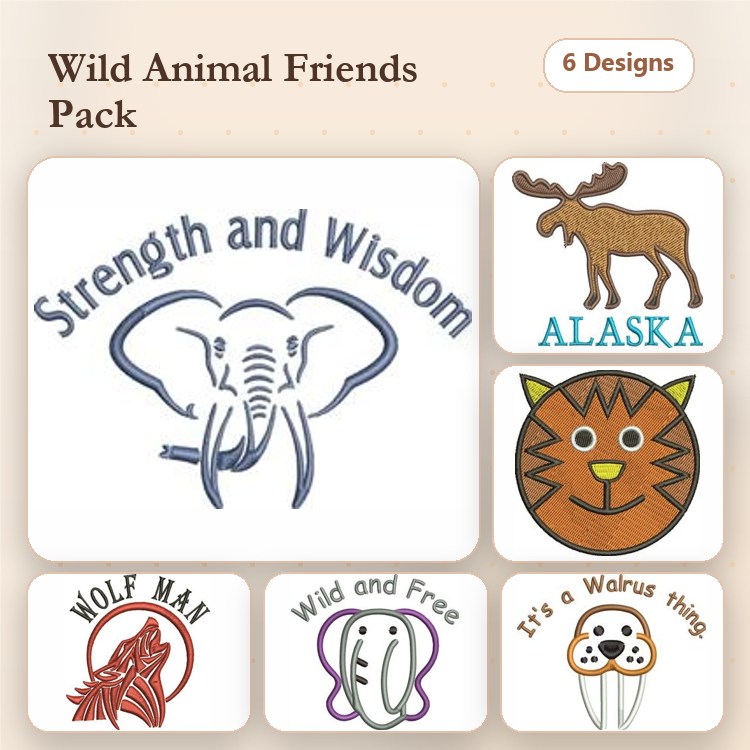 Wolf Man & Elephant Embroidery Bundle – Nature & Wildlife (6 Designs)